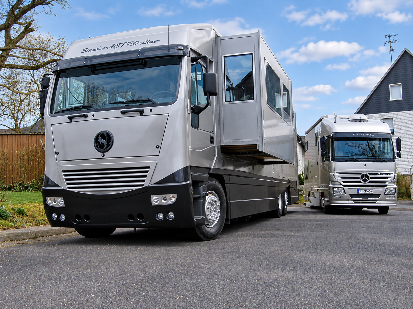 Zwei individuell ausgebaute Reisemobile auf LKW-Basis nebeneinander